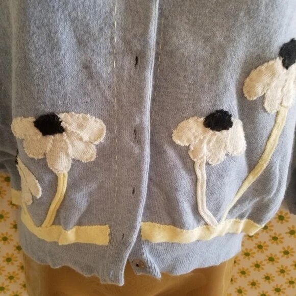 Anthropologie Field Flower Blue Cotton and Angora Floral Daisy Cardigan Large - Picture 3 of 6